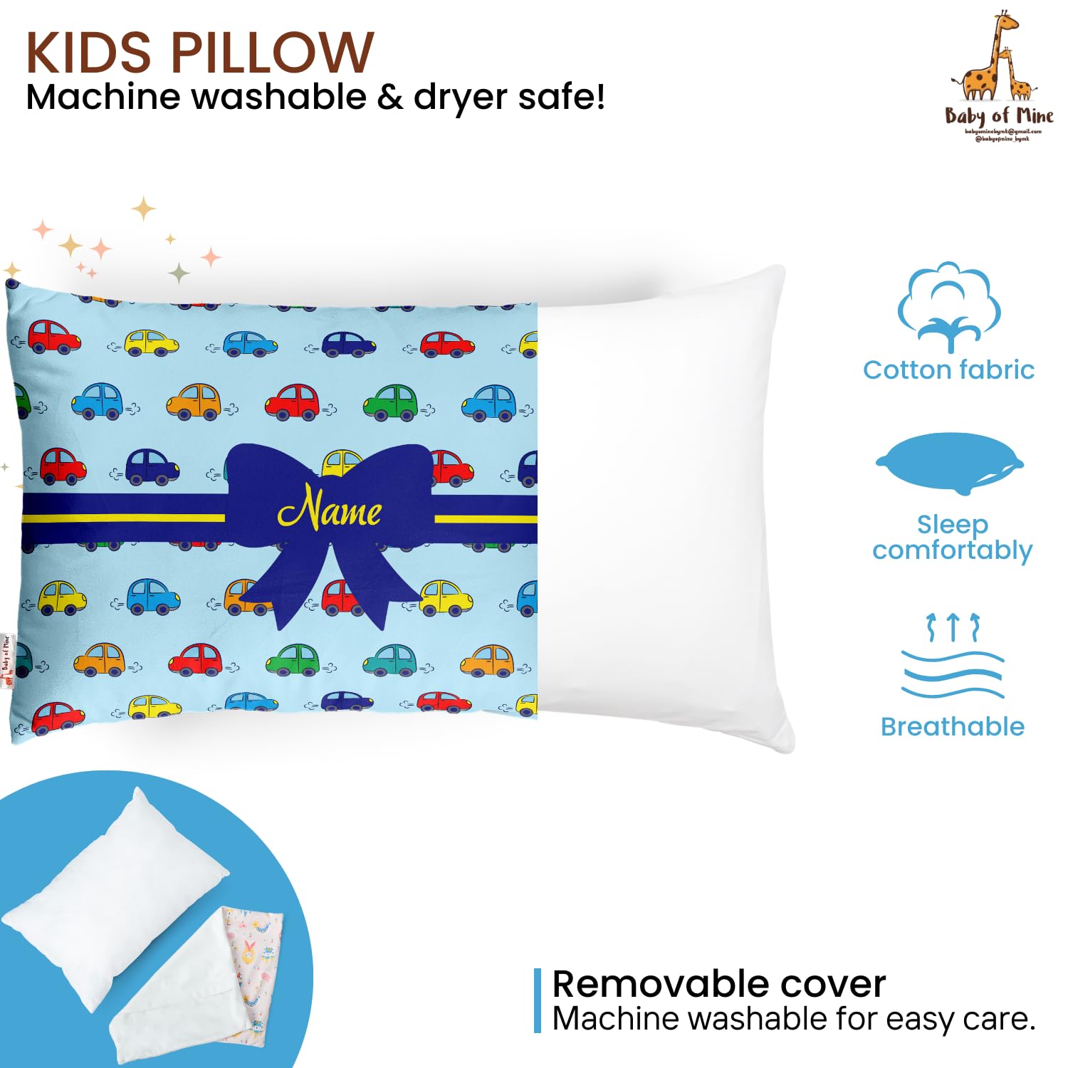 Personalized Pillow For Kids, Super Soft Cotton Kids Cushion, Sky-Blue - 12 X 18 Inches | Custom Name, For 5 Years Old Kids, Adorable Prints | For Head, Neck Support Baby Pillow - Pillow 02