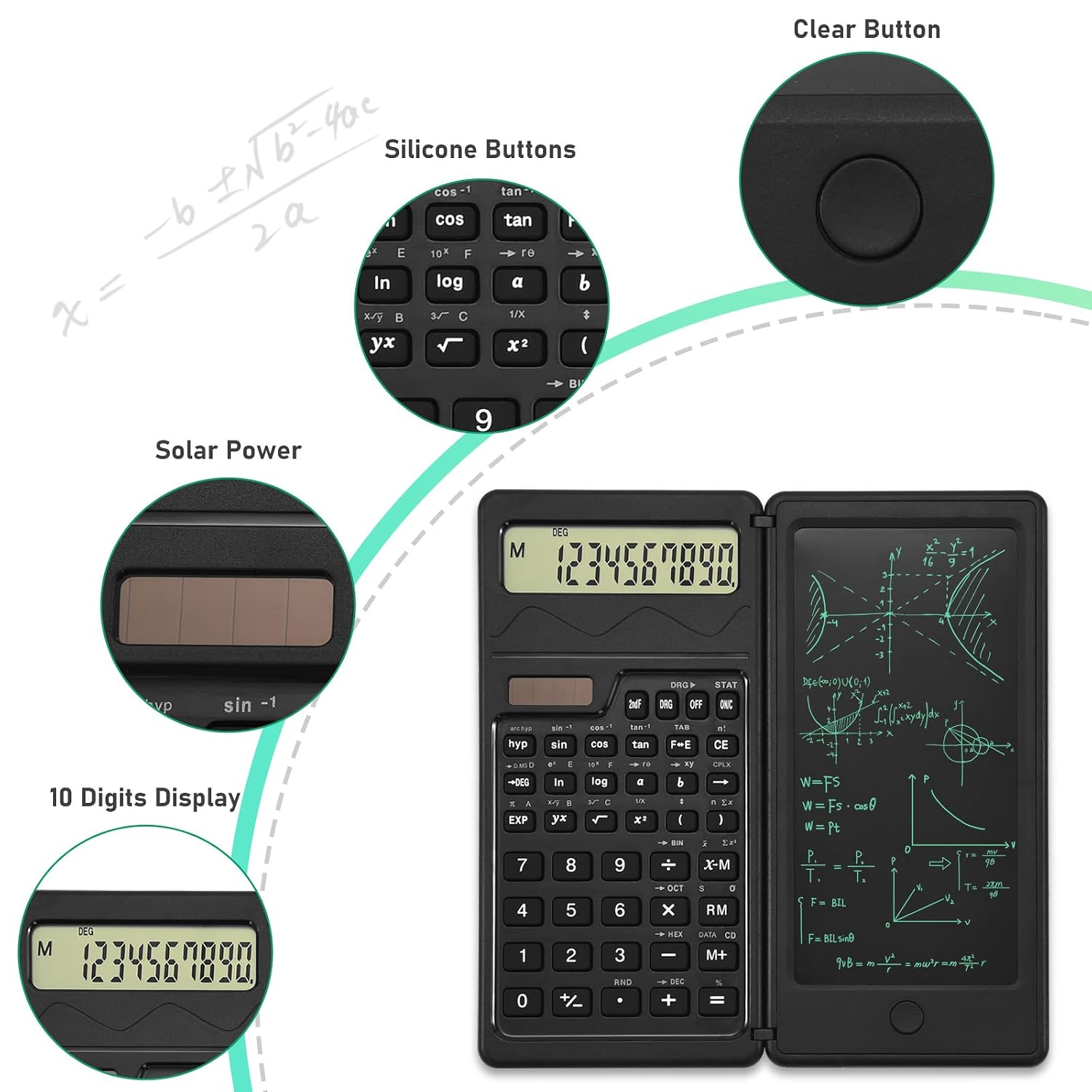 EooCoo Scientific Calculator For Students & Erasable LCD Writing Board Tablet, Math Calculator With Notepad,10 Digit, Solar Battery, Slim Portable, Suitable For School, College, Office, Black