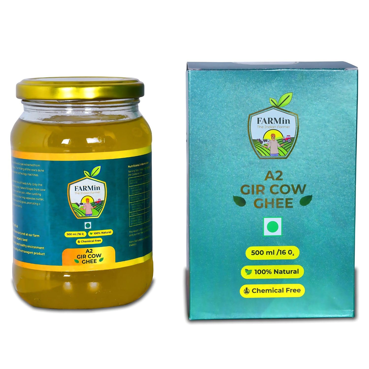 Pure Premium A2 Gir Cow Ghee By Farmin | Traditional Curd Churned Pure Desi Ghee Good For Cooking | (500ml) 16.9 Ounce | Jar Pack