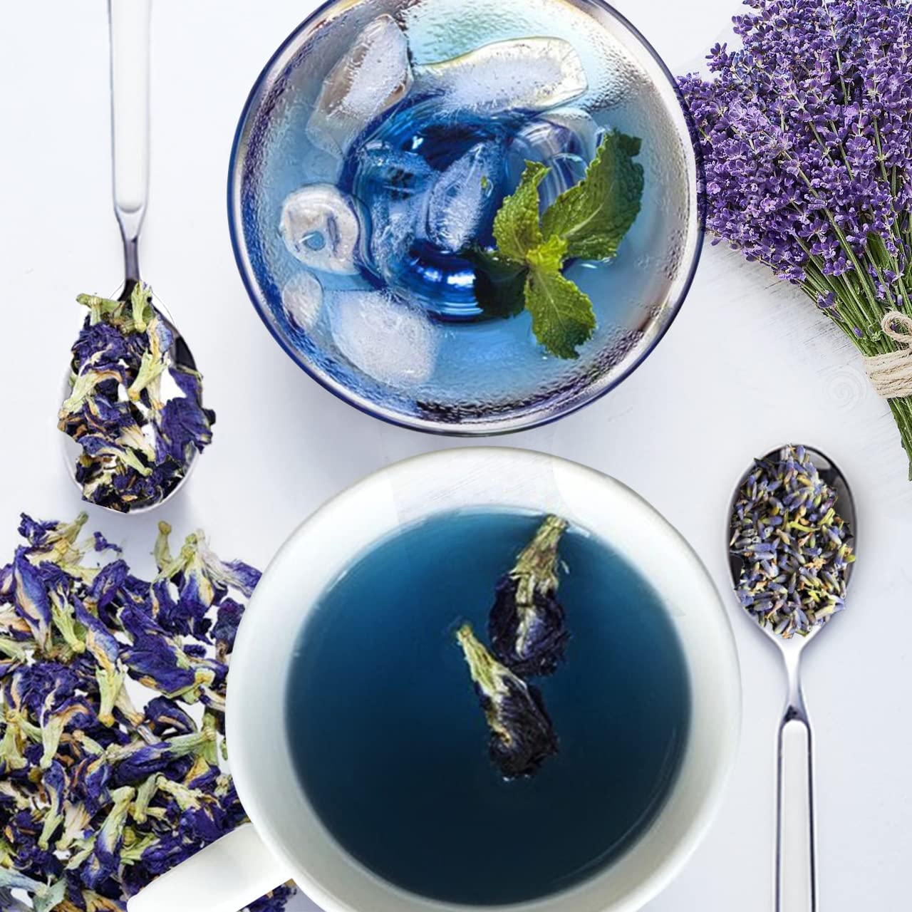 Blue Tea Combo Pack Of 2 - Butterfly Pea Flower Tea 25gm, 0.8 Ounce + Lavender Flower Tea 30gm, 1.05 Ounce | Antioxidant Rich - Caffeine Free, Gluten Free, Non GMO | Pet Jar Packaging