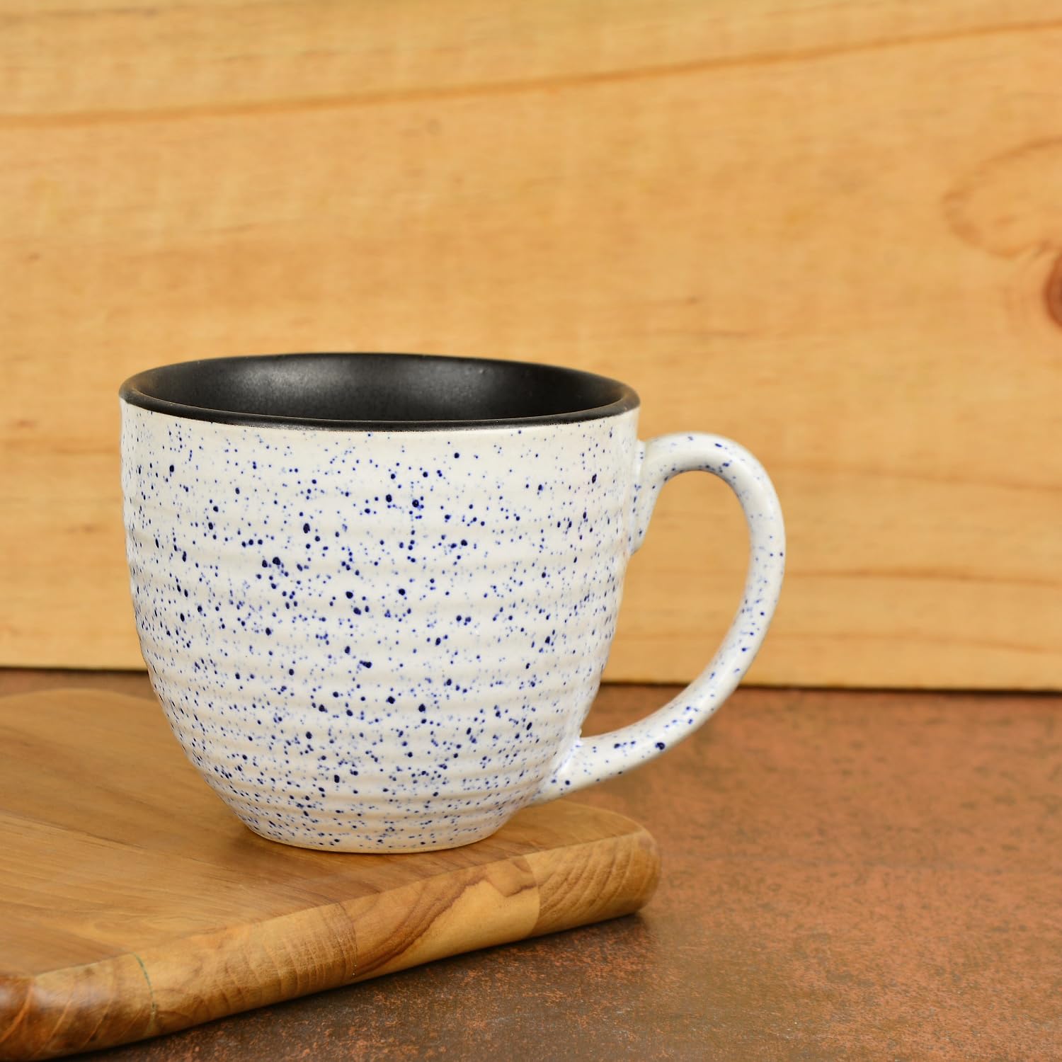 Studio Pottery Ceramic Speckled Soup Cups With Handle Set Of 4 - 350ml Each, Off White & Blue | Maggi Bowls - Cereal Bowls