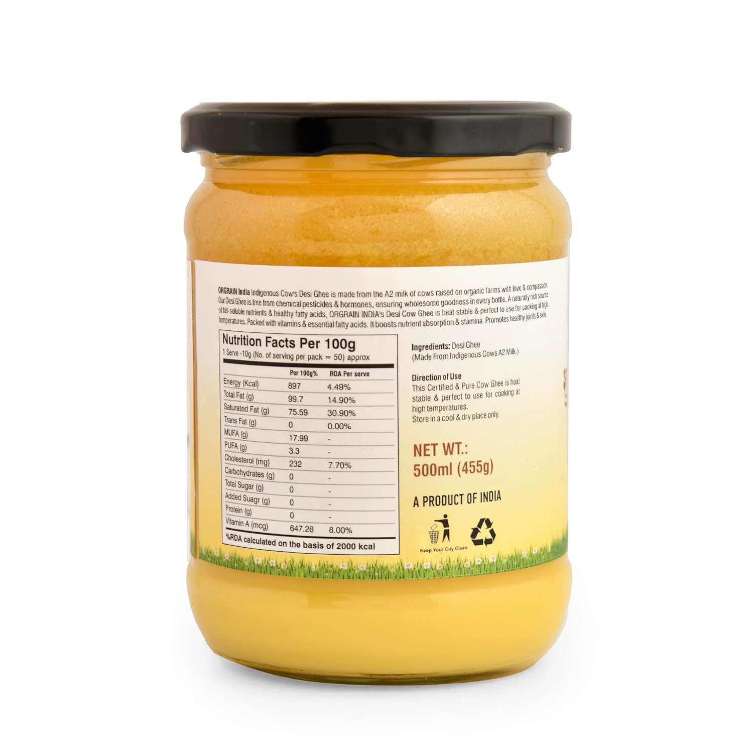 100% Natural Desi Cow Ghee By Orgrain India | Rich In Nutrients & Healthy Desi Cow Ghee For Bones Health | (500ml) 16.9 Ounce | Jar Pack