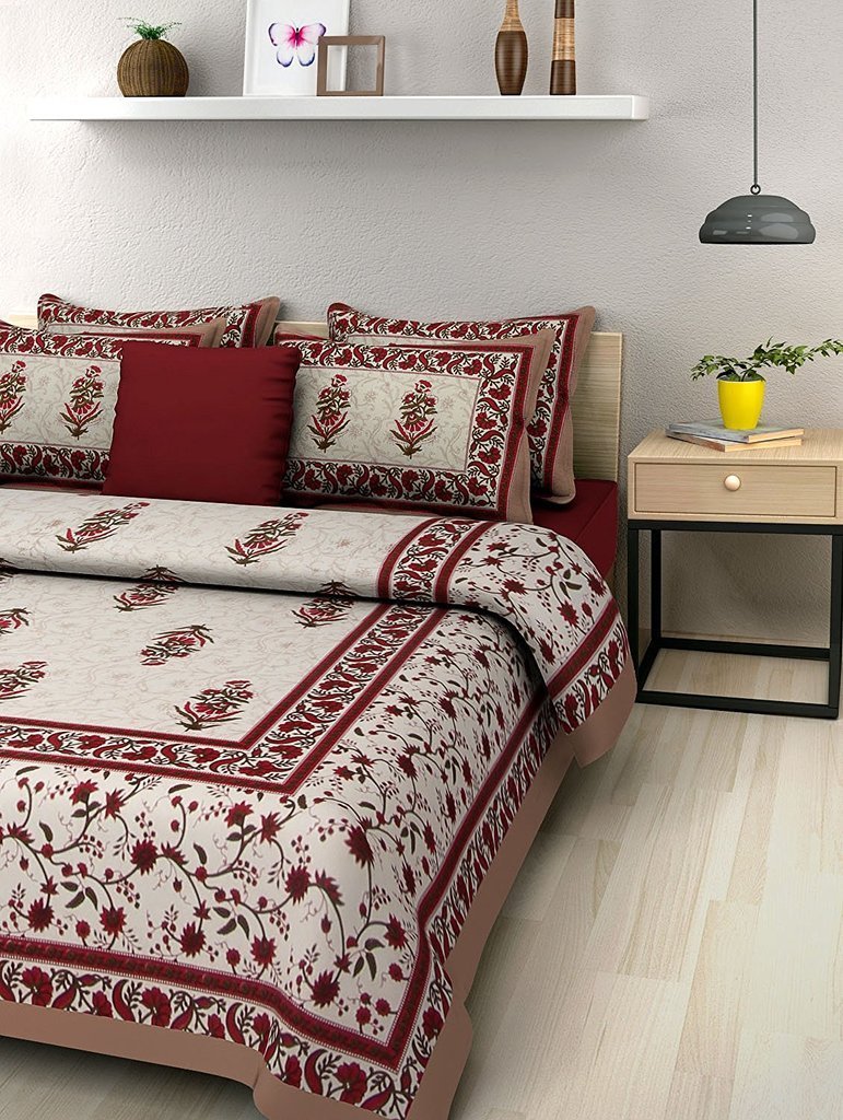 100% Cotton Double Bedsheet With 2 Pillow Covers Rajasthani Jaipuri Traditional Floral King Size Bedsheet - 92 X 82 Inches, Multicolor | 180 Thread Count Bedsheet