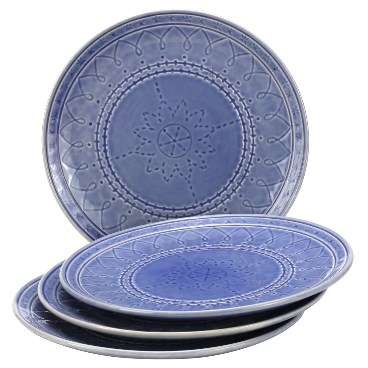 Ceramic Hand Glazed Stoneware Embossed Large Dinner Plates Set Of 4 - 10.6 Inch, Mist Blue | Microwave Safe & Dishwasher Safe - Full Plate Set