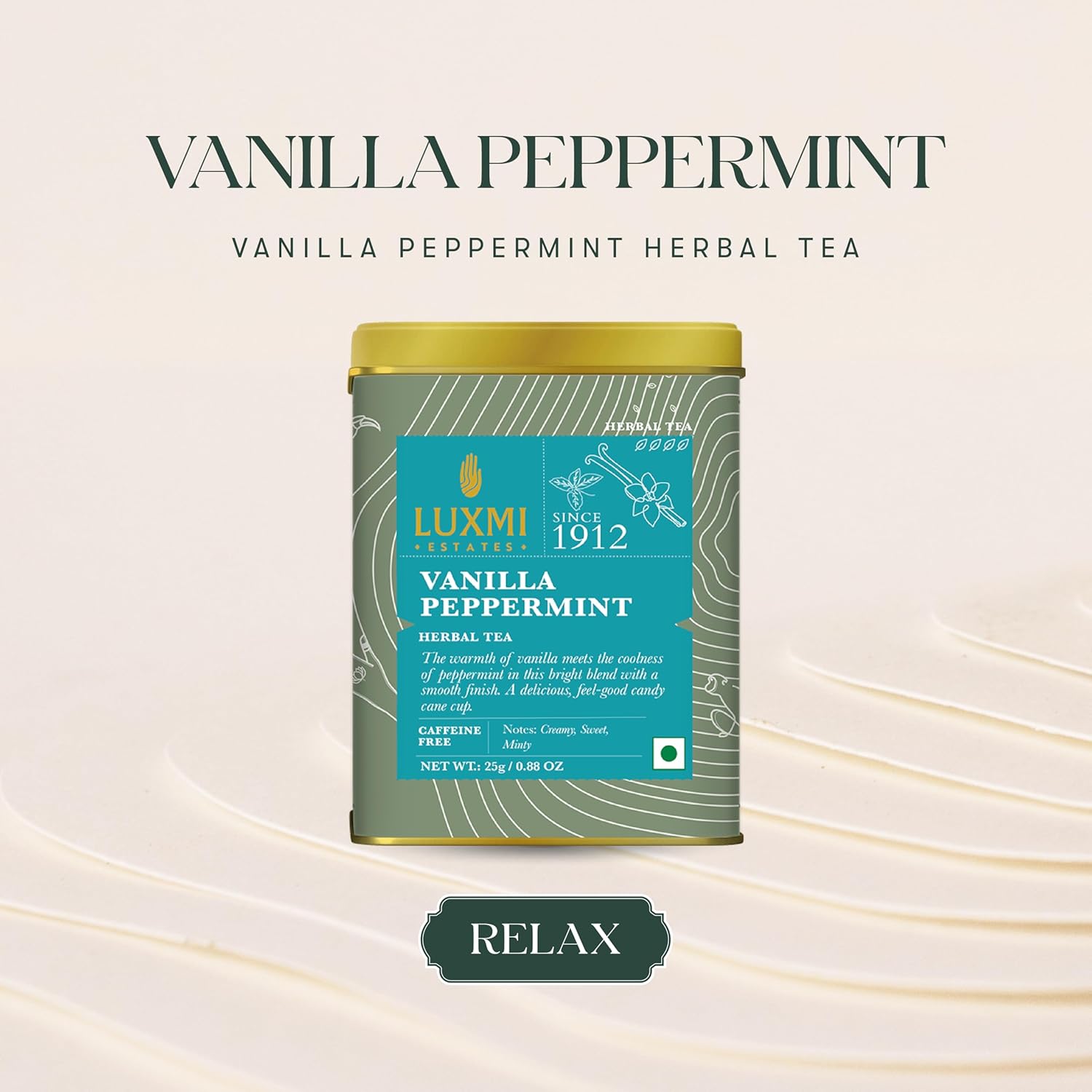 Luxmi Estates Vanilla Peppermint Herbal Tea - 25gm, 0.8 Ounce, 12 Cups | USDA Certified Organic Herbal Tea - Gluten Free, Caffeine Free Tea Bags