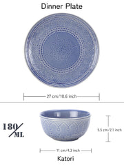 Handcrafted Stoneware Embossed Dinner Set Of 6 - Ceramic Pack Of 12 Pcs, Mist Blue | 4 Dinner Plates + 4 Bowl Or Katori, 180ml Each - Microwave & Dishwasher Safe | Serving For 6