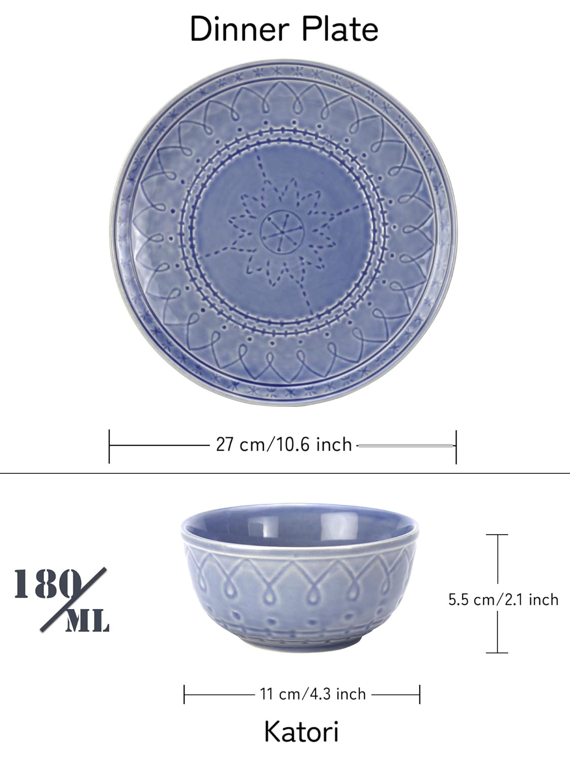 Handcrafted Stoneware Embossed Ceramic Dinner Set Of 12 Pcs - Mist Blue | 4 Dinner Plates+ 8 Salad Bowls, 180ml Each - Microwave & Dishwasher Safe