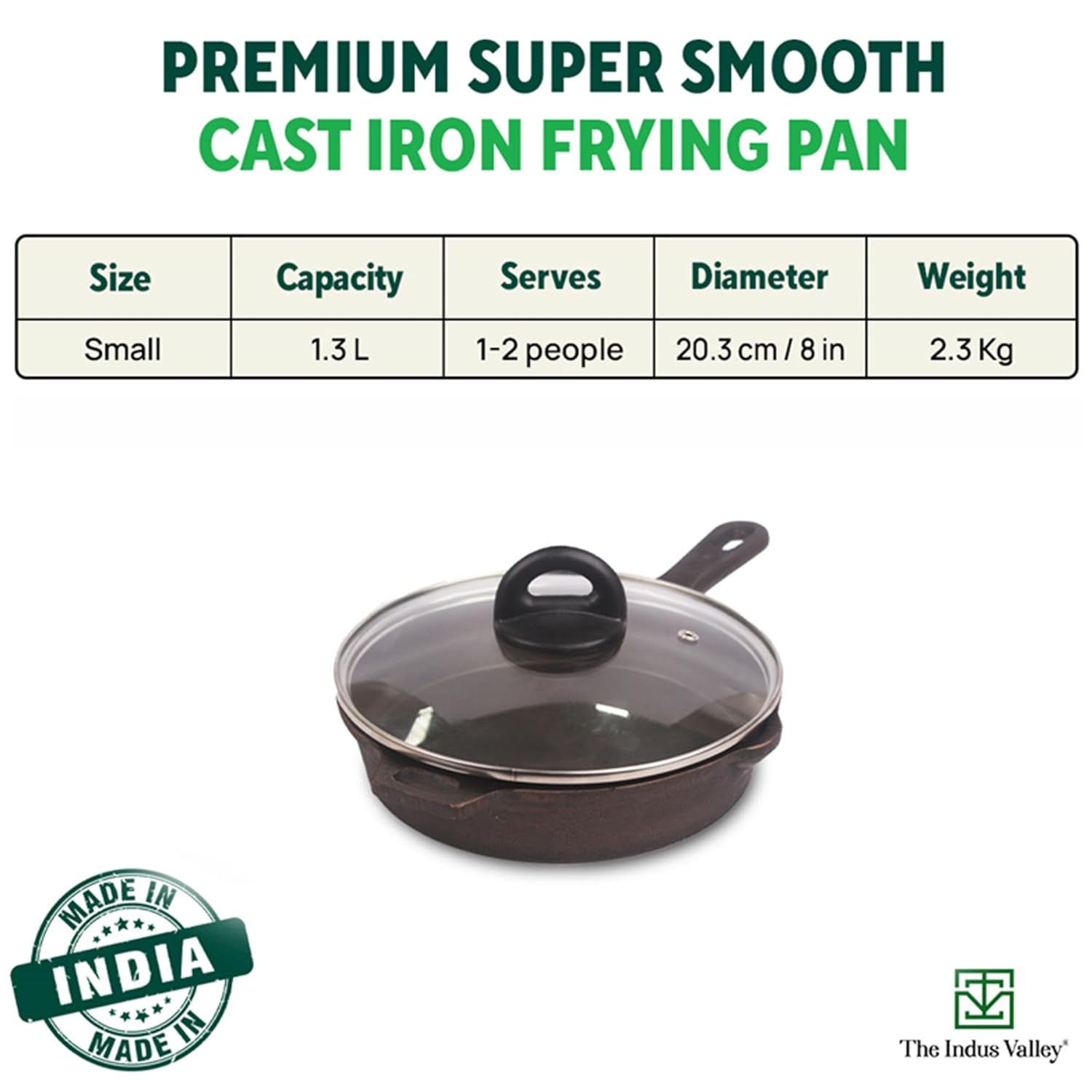 Super Smooth Black Cast Iron Fry Pan Or Skillet With Glass Lid - Small, 20.3cm, 8 Inch, 1.3 Liters, 2.3 Kg | Induction Friendly, Nonstick, Pre-Seasoned Fry Pan, 100% Pure & Toxin Free