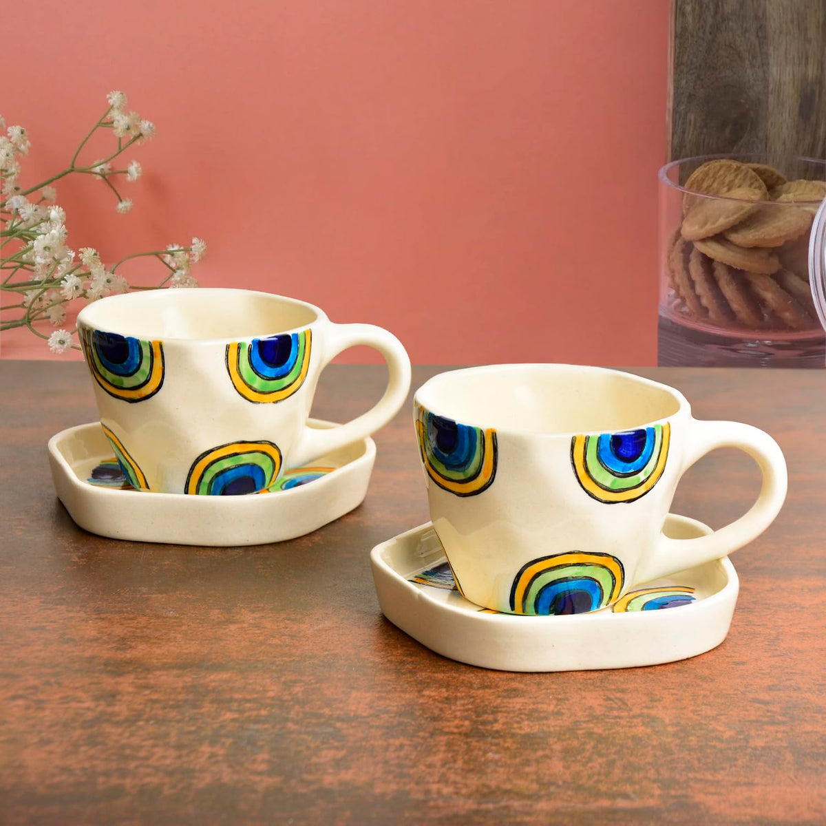 Hand Painted Ceramic Cup & Saucer Set Of 2 - Multicolor, 250ml Each | Microwave Safe Tea Cups & Mugs - Chai Cups