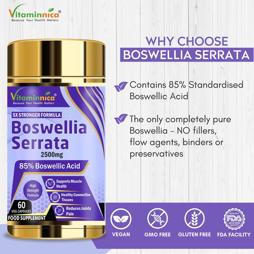 Vitaminnica Boswellia Serrata 2500mg 5:1 Extract, 2 Months Supply, 85% Standardised Boswellic Acid, Indian Frankincense, Anti - Inflammatory | 60 Vegan Capsules 100gm 0.2lbs