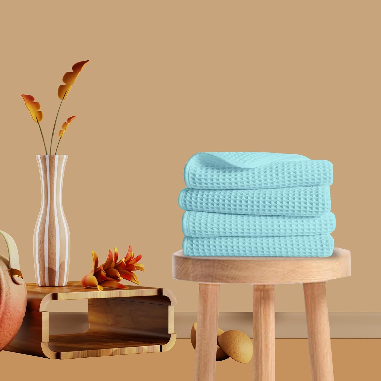 Enchant Home Pure Cotton Waffle Towel 500 Gsm | Lightweight Anti-Microbial & Water Absorbent Soft Touch Quick Drying Hand Towels | Aqua (Pack Of 4)
