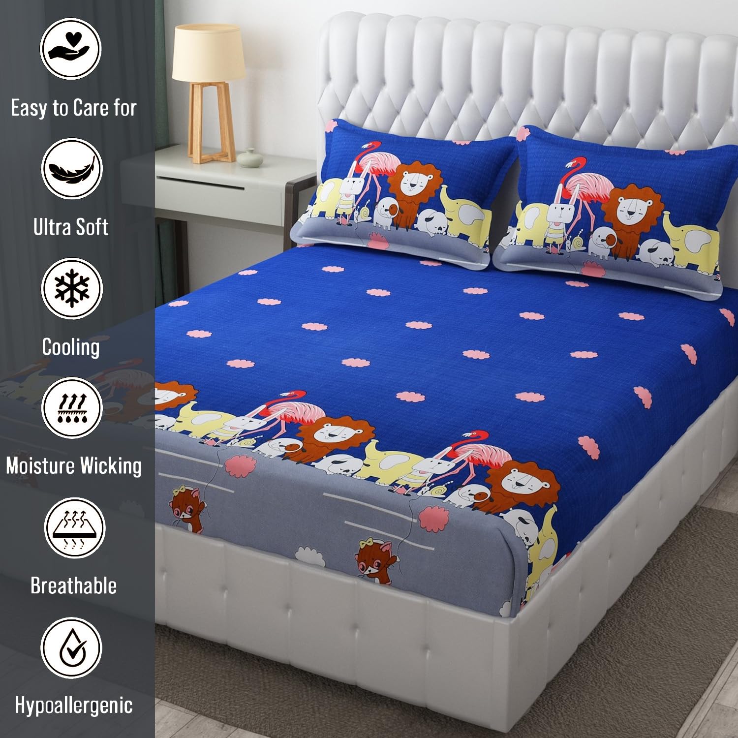 Wrinkle Free Soft Kids Double Bedsheets For King Size With 2 Pillow Cover | 90 X 95 Inches, Blue | Cartoon Printed Design | Child Bedroom Decor