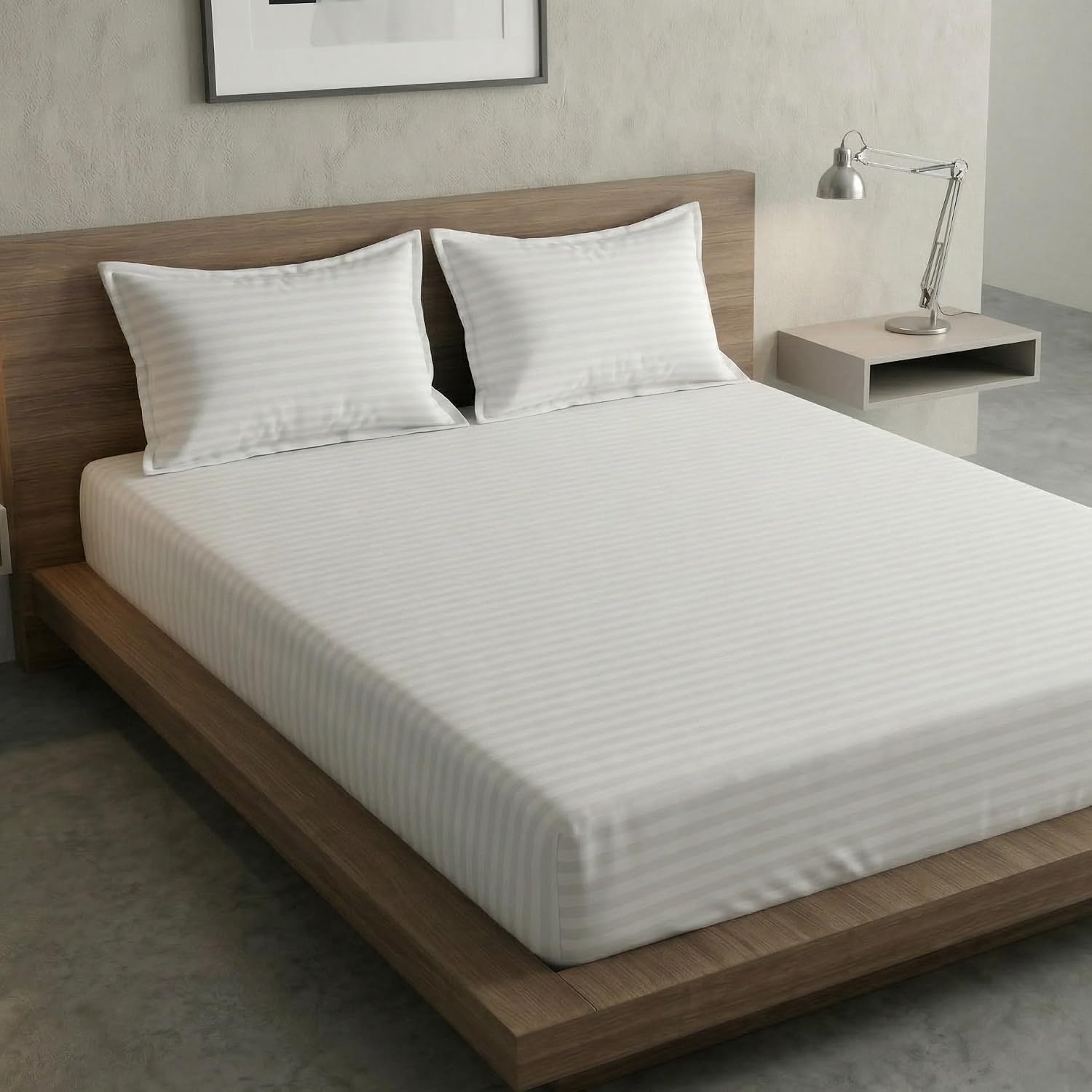 White Stripe Elastic Fitted Double Bedsheet (72x78 Inches) With 2 Pillow Covers | Soft To Touch & Comfortable | 300 Thread Count