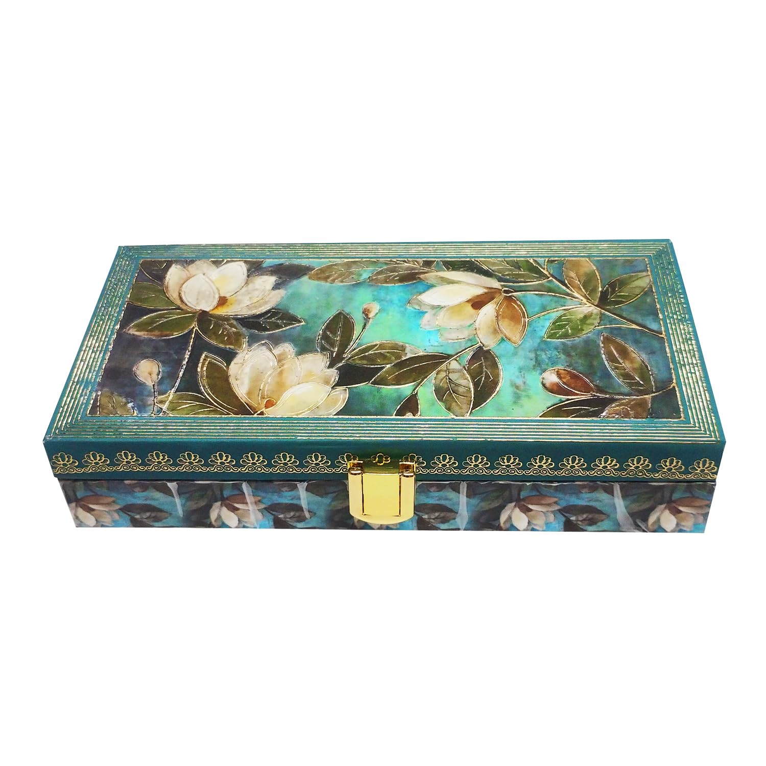 Flower Design Gold Printed Matt Touch Mgi Floral Decorative Box, Wedding Fancy Shagun Cash Box, Jewellery Box, Money Box, Gaddi Box, Colour - Green