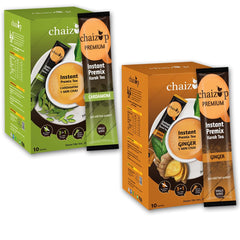 Chaizup Premium 1 Min Instant Premix Assorted Tea Pack - 20 Sachets | Cardamom + Ginger Flavors - 2 Packs, 10 Flavors Each | Low Caffeine Home Like Tea