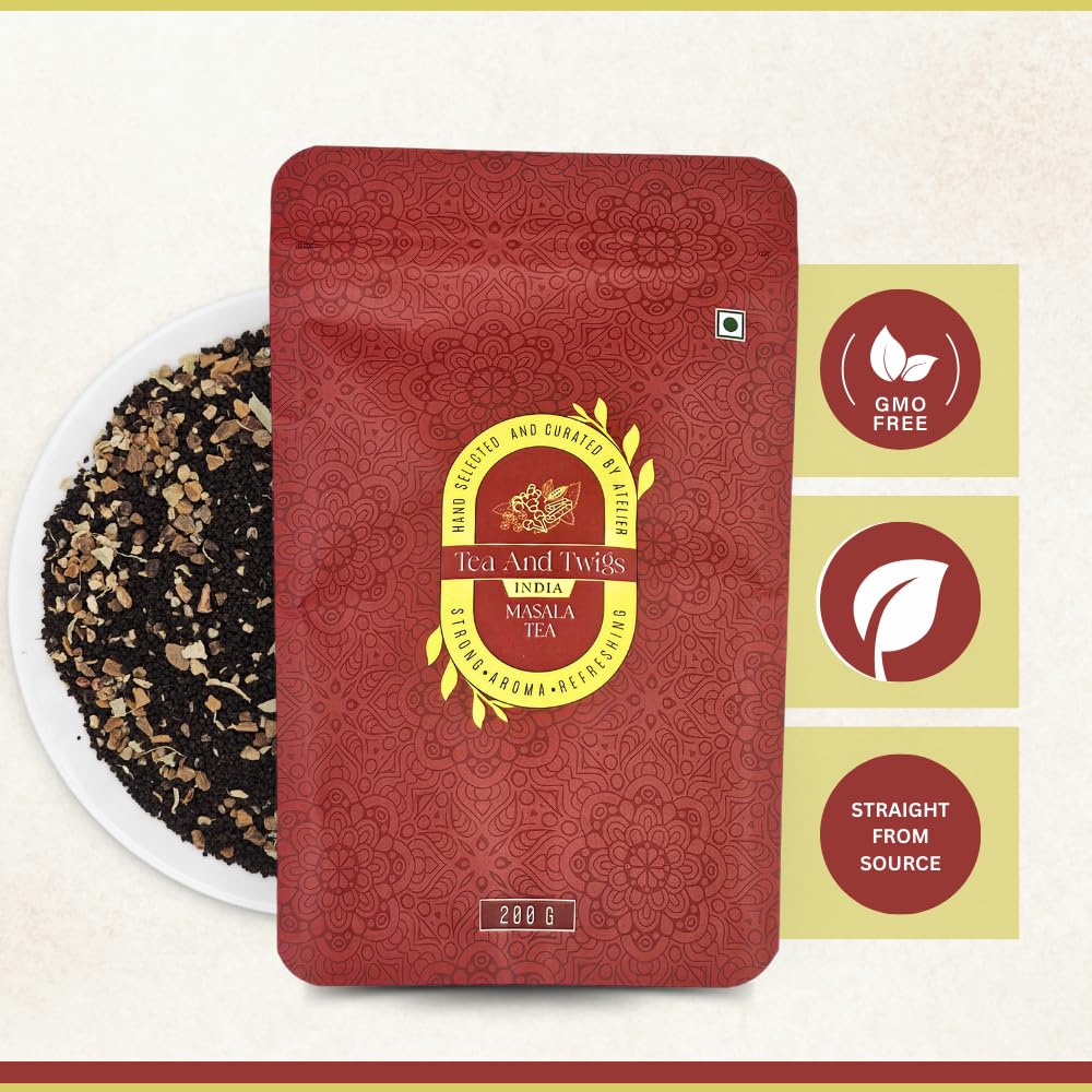 Tea And Twigs Strong Masala Tea - Pack Of 2 X 200gm, 7.05 Ounce Each | Premium Second Flush CTC Black Tea & 100% Natural Spices - Kadak Masala Chai | Medium Caffeine Assam Tea