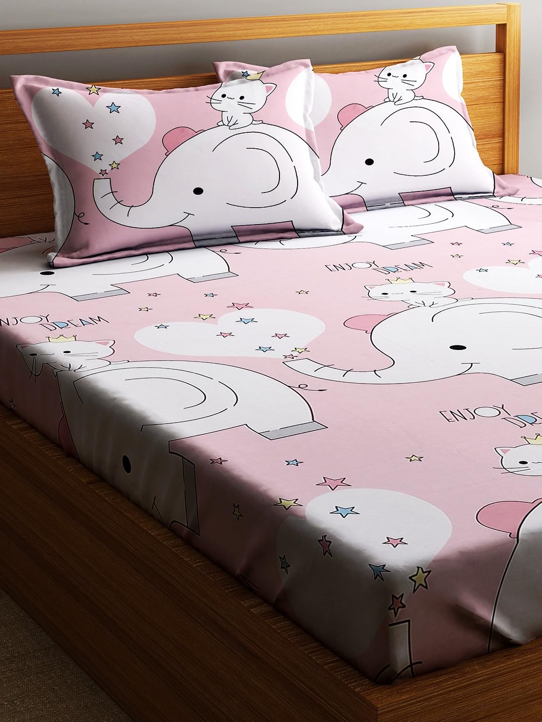 Elastic Fitted Kids Elephant & Kitty Double Bedsheet 2 King Size Pillow Covers, Baby Pink (90x92 Inches) | Lightweight, Soft & Breathable - Perfect For Gifting Bedsheet