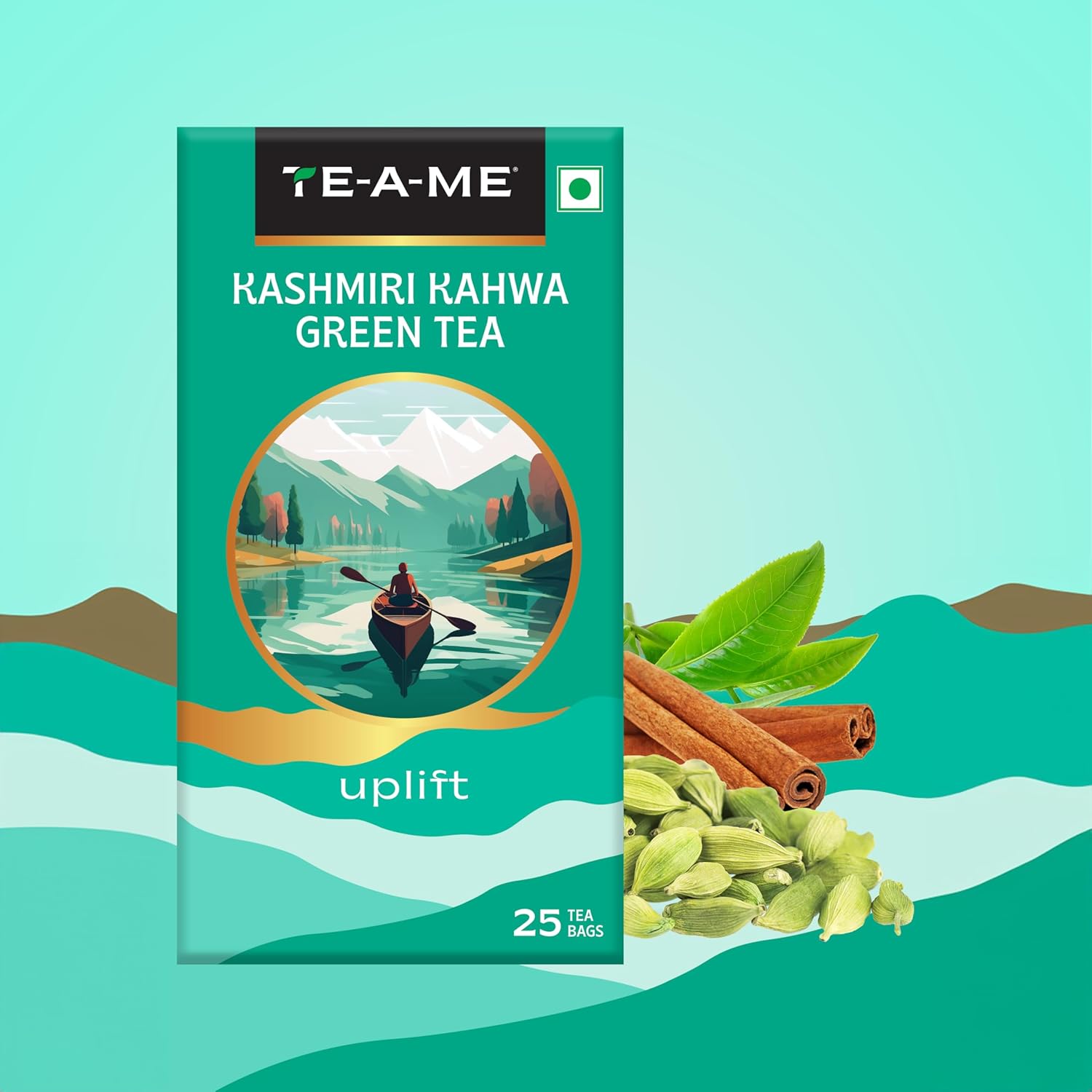TE-A-ME Kashmiri Uplift Kahwa Green Tea - Pack Of 4 X 25 Tea Bags | Infused With Cinnamon, Cardamom & Green Tea - Contains Caffeine, Packaging Might Vary