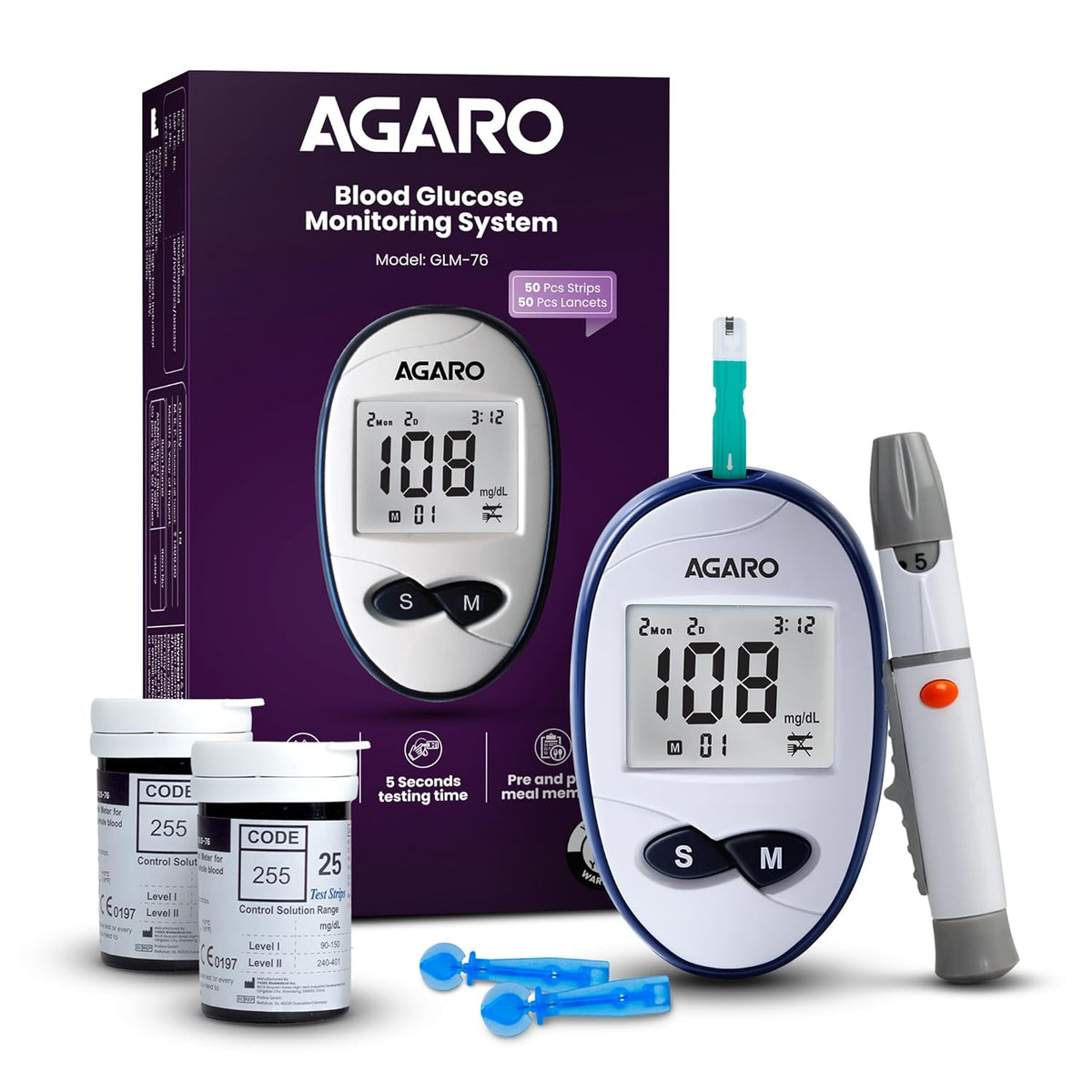 Agaro Glucometer, Blood Glucose Monitoring System with 50pcs Strips & Lancets, Glucometer Machine, Instant Blood Sugar Test at Home, Fast Blood Sugar Testing Device, Simple & Accurate, GLM-76.