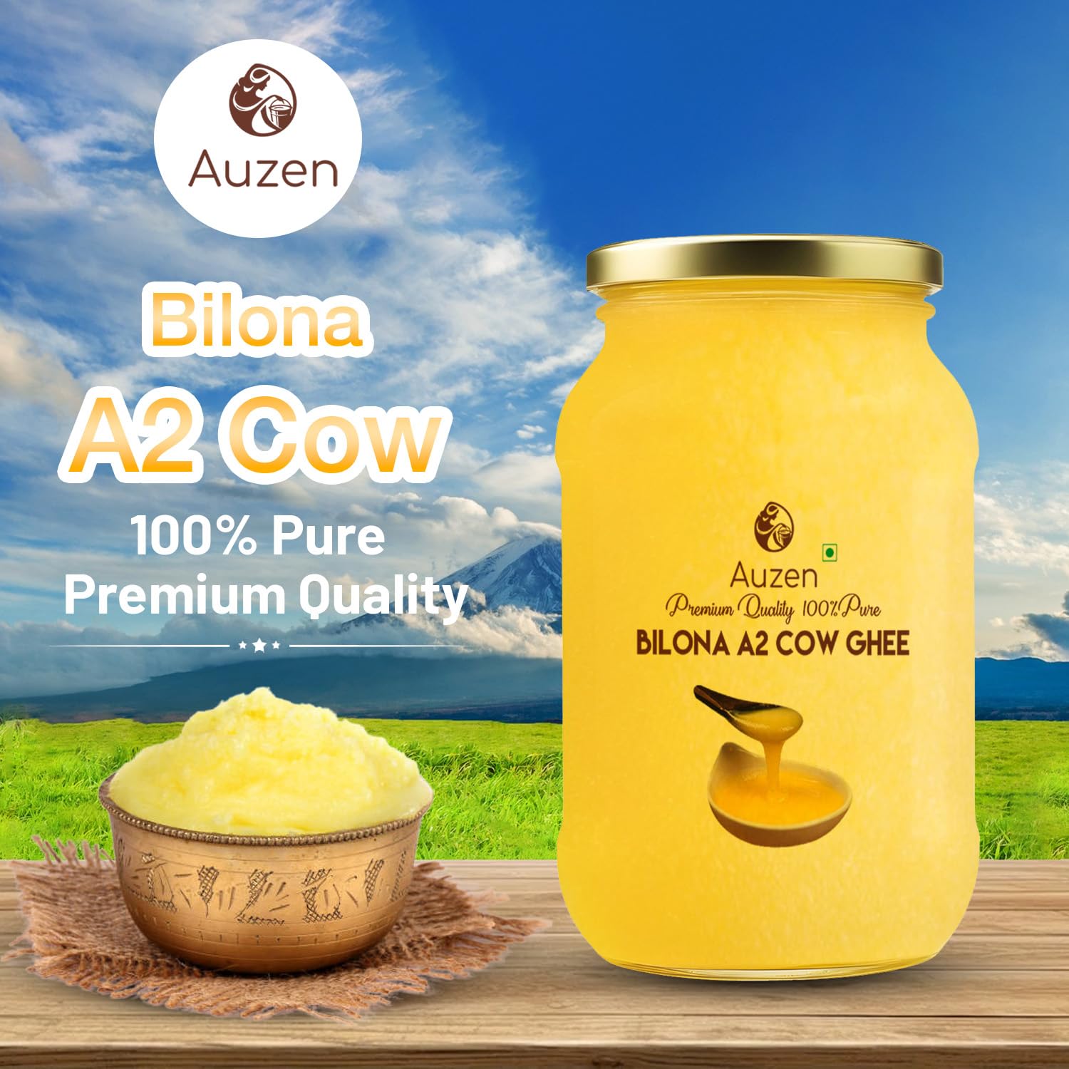 Pure Natural A2 Cow Ghee By Auzen | Rich In Nutrient, Delicious Healthy Desi Cow Ghee Good For Enhances Brain Function | 1.5 Litre (1 Litr * 500ml) 50.7 Ounce | Jar Pack