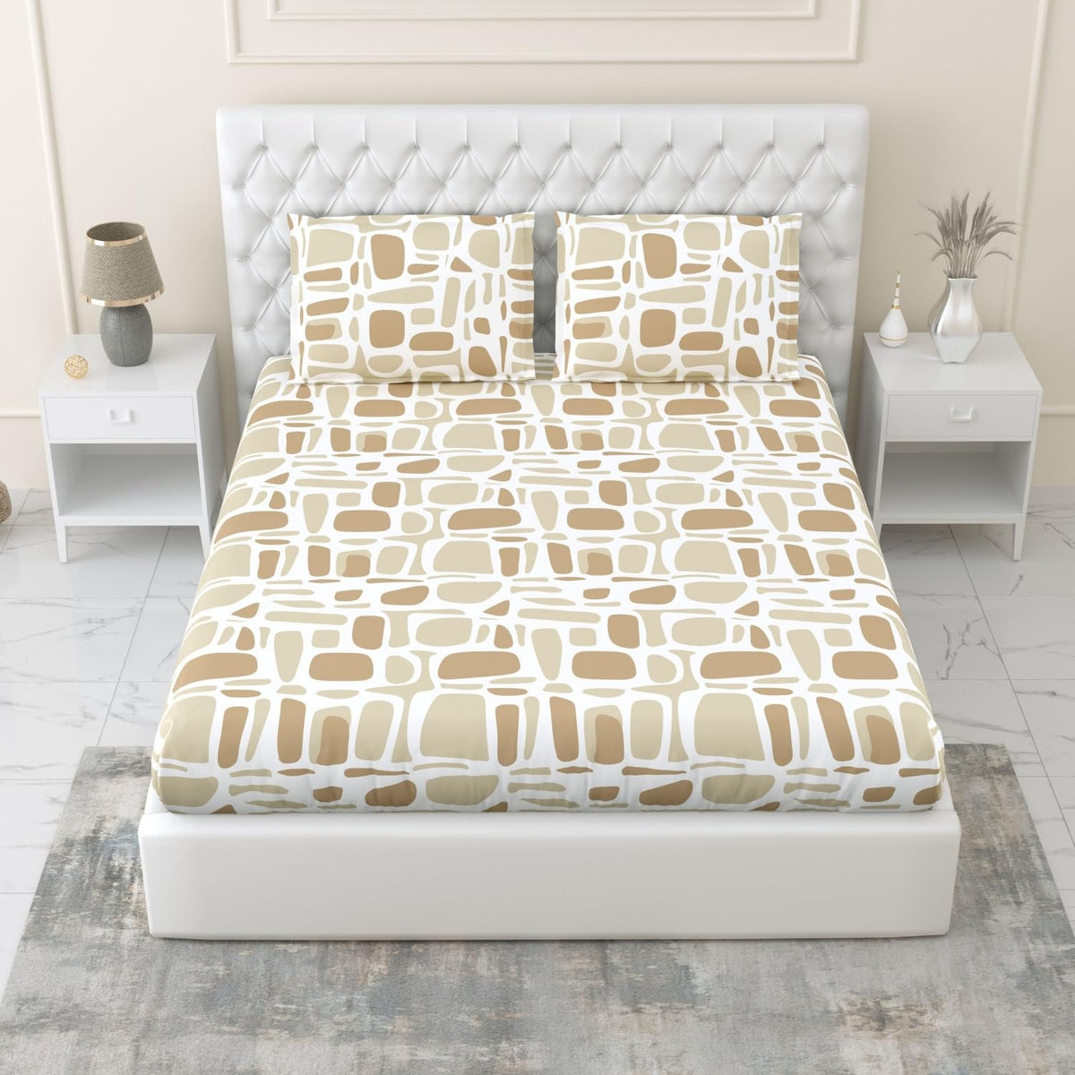 King Size Bed For Elastic Fitted Bedsheet With 2 Pillow Covers | 72 X 78 X 10 Inches, White & Brown | Softness, Durability & Comfort | Perfect For Everyday Use