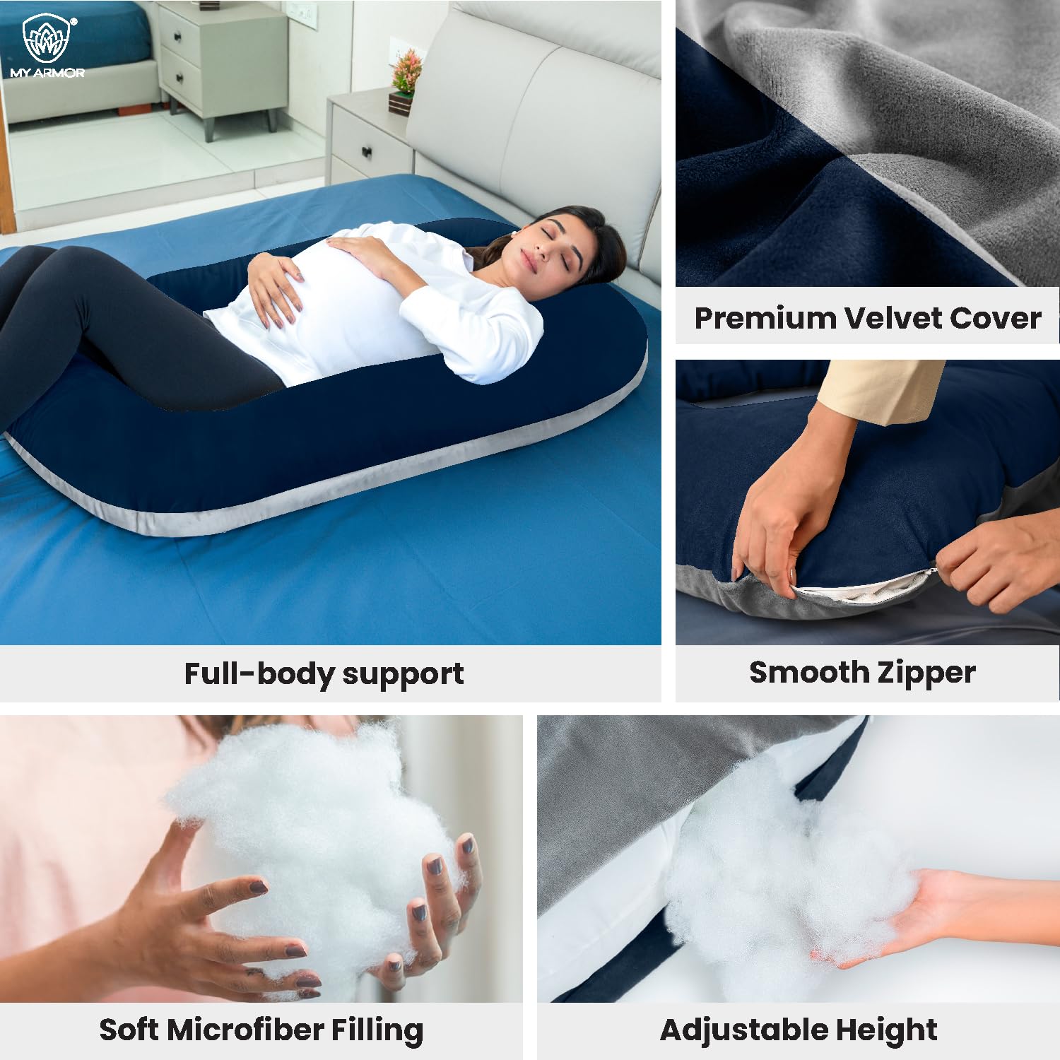 Full Body J Shape Pregnancy Pillow For Women, Maternity Pillow, Grey & Navy Blue | Pillow Gift For Pregnancy Sleeping, Premium Velvet Cover With Zip | Adjustable, Multipurpose Pillow