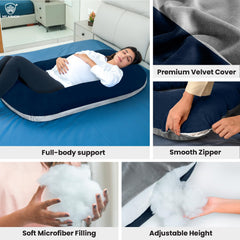 Full Body J Shape Pregnancy Pillow For Women, Maternity Pillow, Grey & Navy Blue | Pillow Gift For Pregnancy Sleeping, Premium Velvet Cover With Zip | Adjustable, Multipurpose Pillow