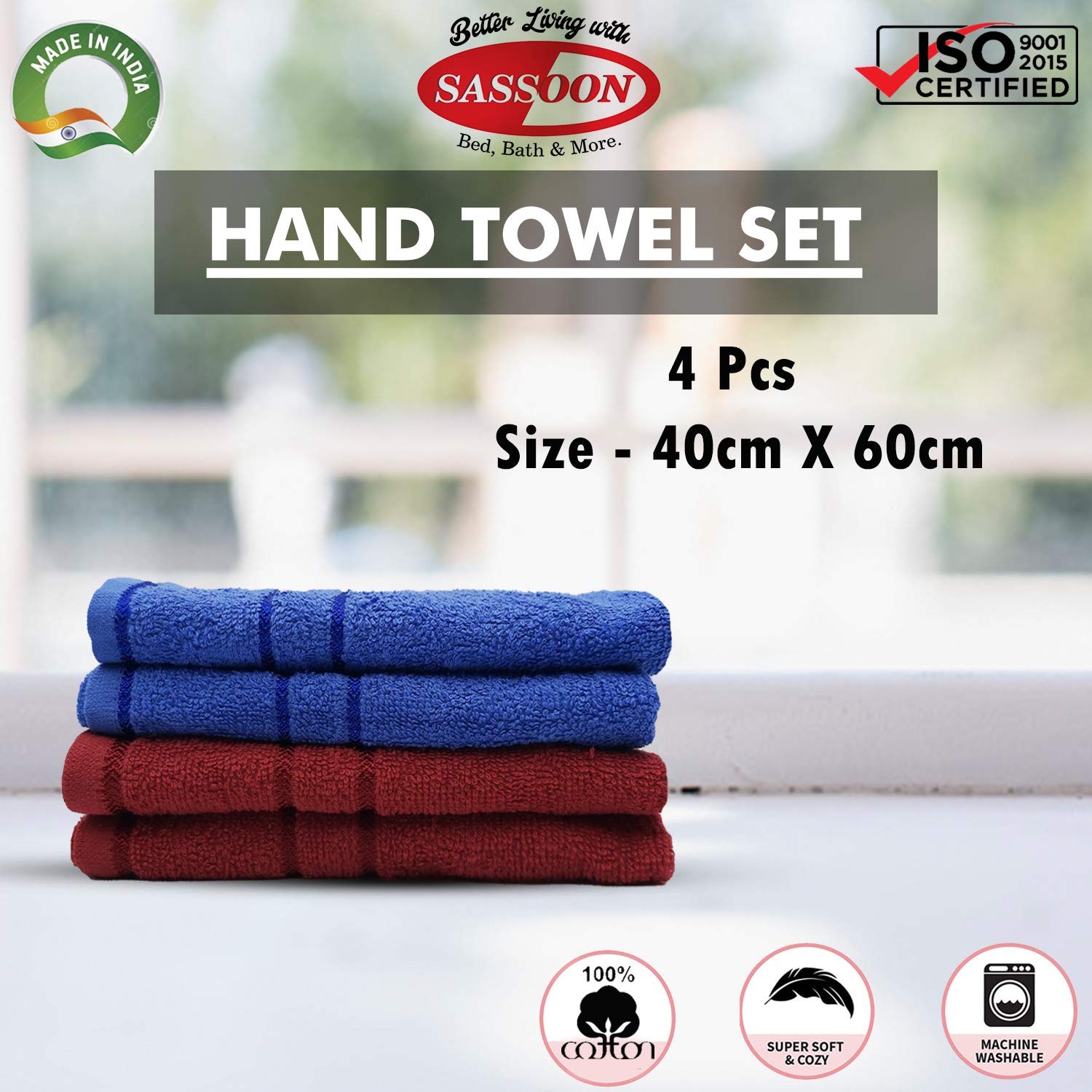 Sassoon Melrose 100% Cotton Hand Towel 800 Gsm | Highly Absorbent, Soft Material Perfect For Daily Use (Blue & Burgundy) -4 Piece