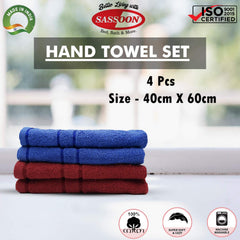 Sassoon Melrose 100% Cotton Hand Towel 800 Gsm | Highly Absorbent, Soft Material Perfect For Daily Use (Blue & Burgundy) -4 Piece