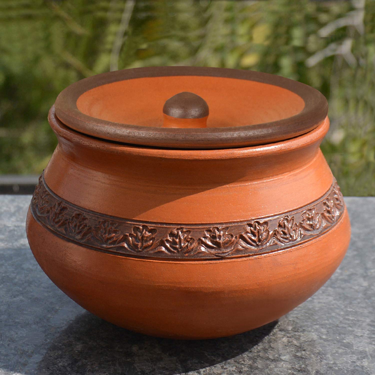 Handcrafted Ornately Designed Earthenware Handi With Lid - Brown, 1.25 Liters | Clay Dahi Handi - Cooking & Serving Pot