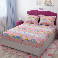 Wrinkle Free Soft Kids Double Bedsheets For King Size With 2 Pillow Cover | 90 X 95 Inches, Pink & White | Cartoon Printed Design | Child Bedroom Decor
