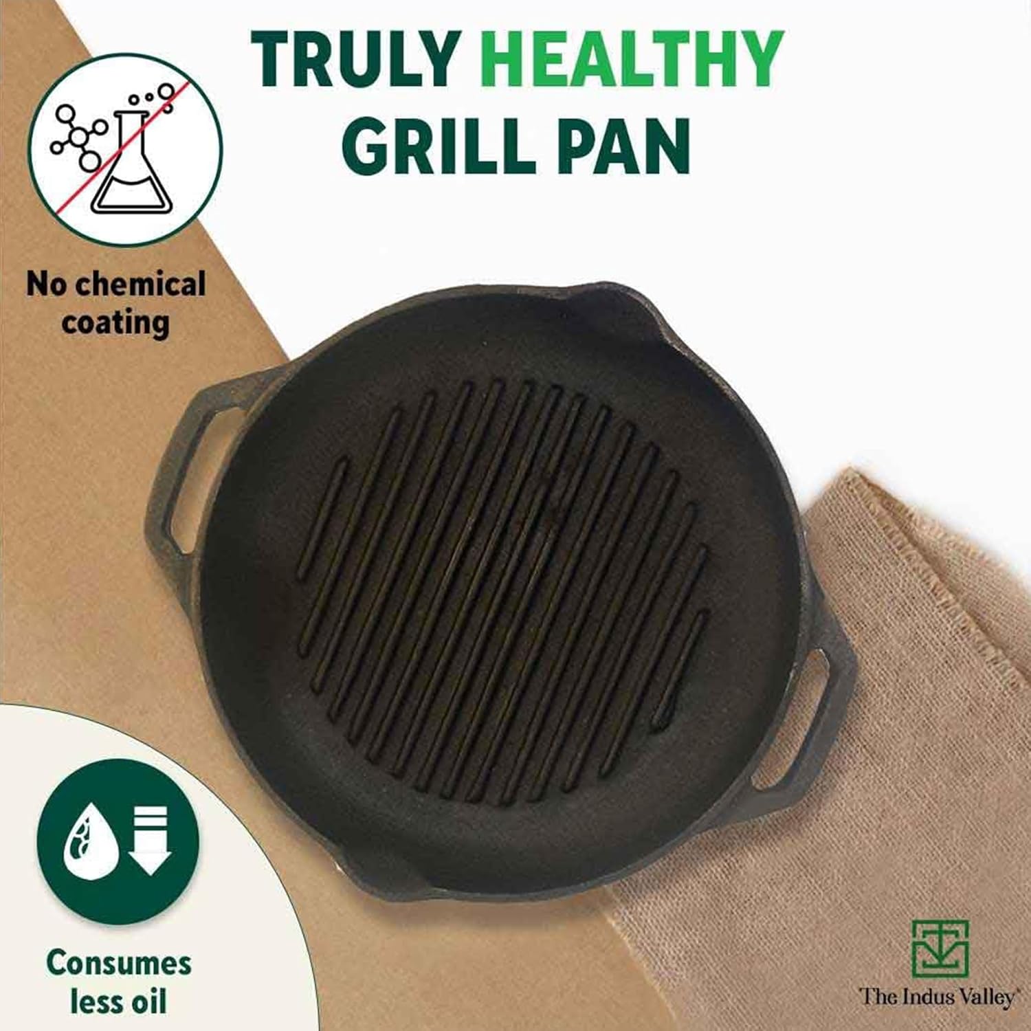 Pre-Seasoned Black Cast Iron Round Grill Pan With Double Handle - Medium, 26.7 Cm, 10.5 Inch, 0.6 Liters, 2.1 Kg | Induction Friendly, 100% Pure & Toxin-Free, No Chemical Coating