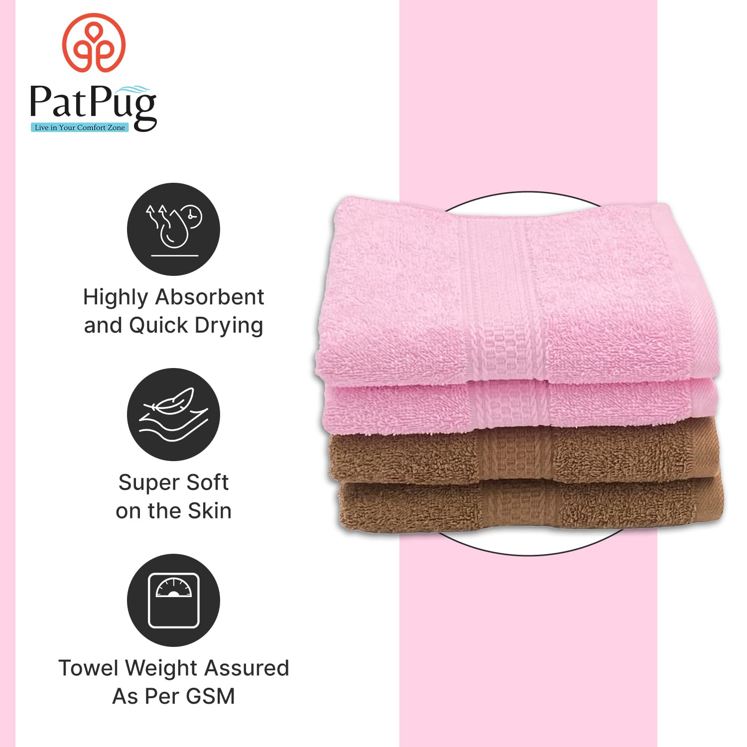 Patpug 100% Indian Ultra Soft Cotton Hand Towel 800 Gsm | For Gym, Workout, Yoga, Wash Basin (Coffee Brown & Baby Pink) - 4 Piece