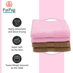 Patpug 100% Indian Ultra Soft Cotton Hand Towel 800 Gsm | For Gym, Workout, Yoga, Wash Basin (Coffee Brown & Baby Pink) - 4 Piece