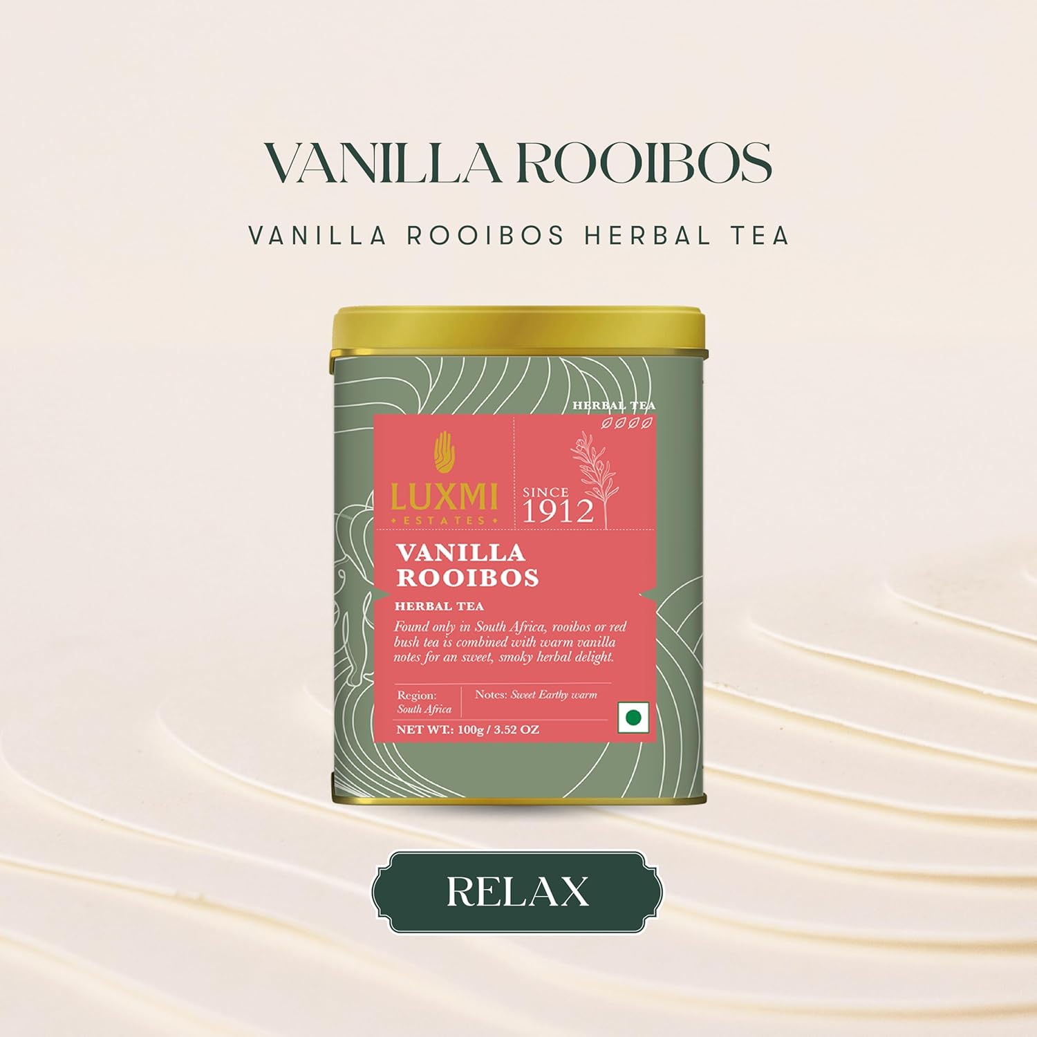 Luxmi Estates Vanilla Rooibos Herbal Tea - 100gm Tin Caddy, 3.5 Ounce, 50 Cups | USDA Certified Organic Herbal Tea - Gluten Free, Caffeine Free Tea Bags