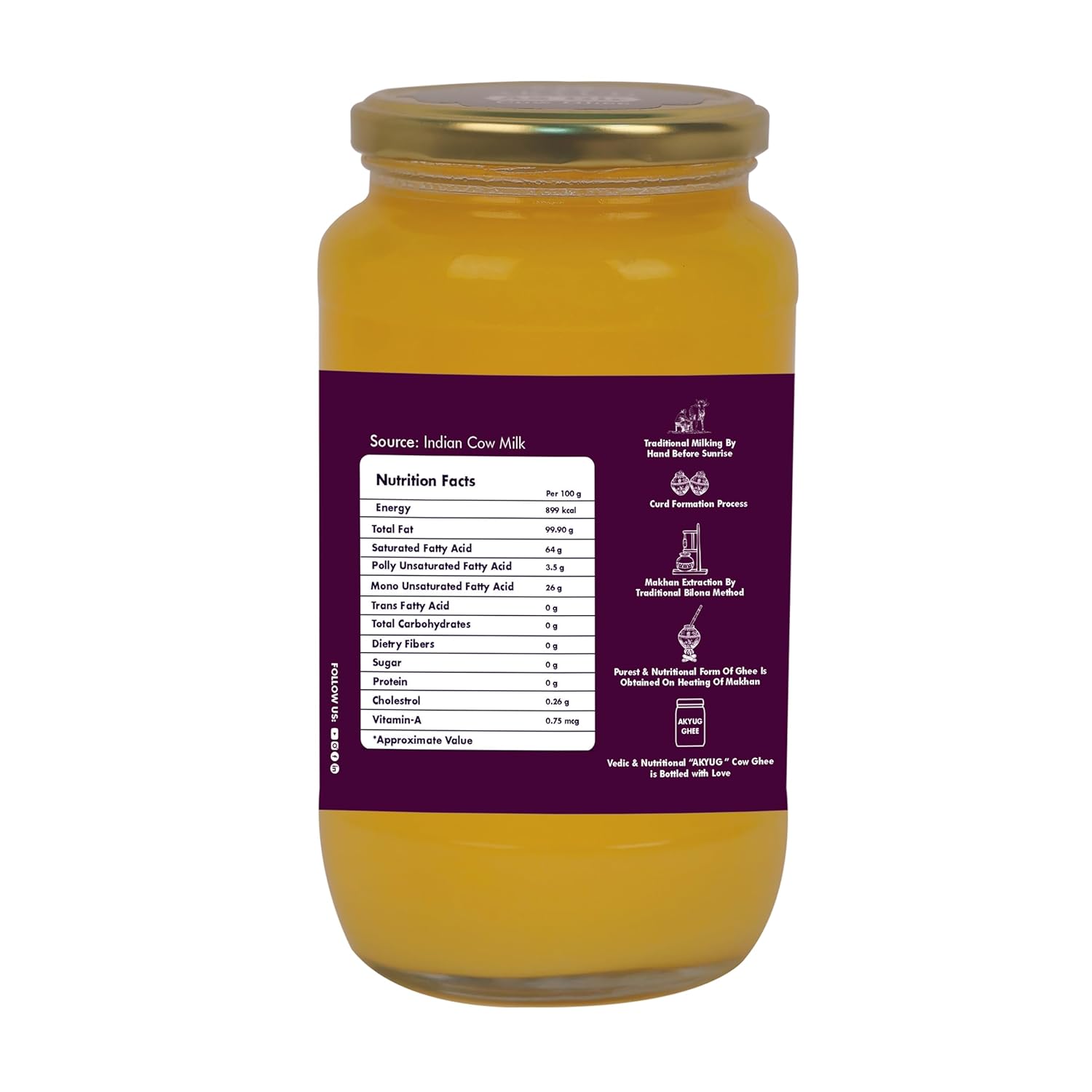 Organic A2 Gir Cow Ghee By Akyug | Tradition Bilona Method A2 Rich Desi Ghee Good For Calcium | (500ml) 16.9 Ounce | Jar Pack