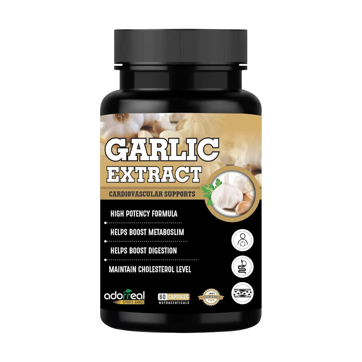 Adorreal Garlic Extract Capsules, Cardiovascular Support, Boosts Digestion, Maintains Cholesterol, Promoting Healthy Blood Flow & Circulation | 60 Capsules 100gm 0.2lbs