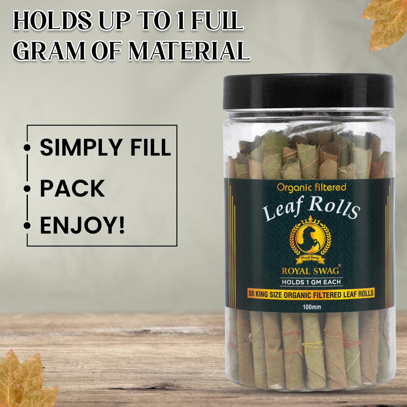 Royal Swag 100mm King Size Organic Filtered Leaf Rolls | Ready To Use Cones Jar Of 50 Pcs Pack With 1 Filling Stick (Super Slow Burning, Real Tendu Palm Leaf) Natural Toasted Palm Leaf Wrap