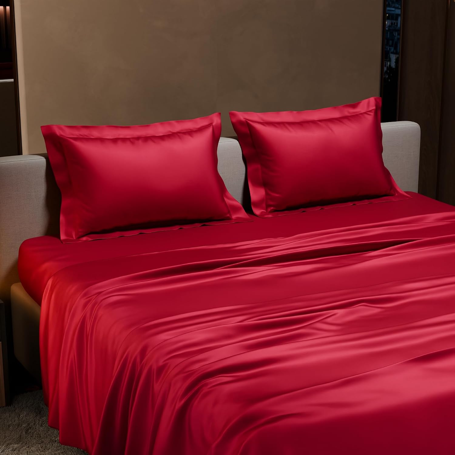 Satin Bedsheet King Size Bed With 2 Pillow Covers | 90 X 108 Inches, Red | Premium Bedding Set, Gifts For Couples, Wedding, Anniversary