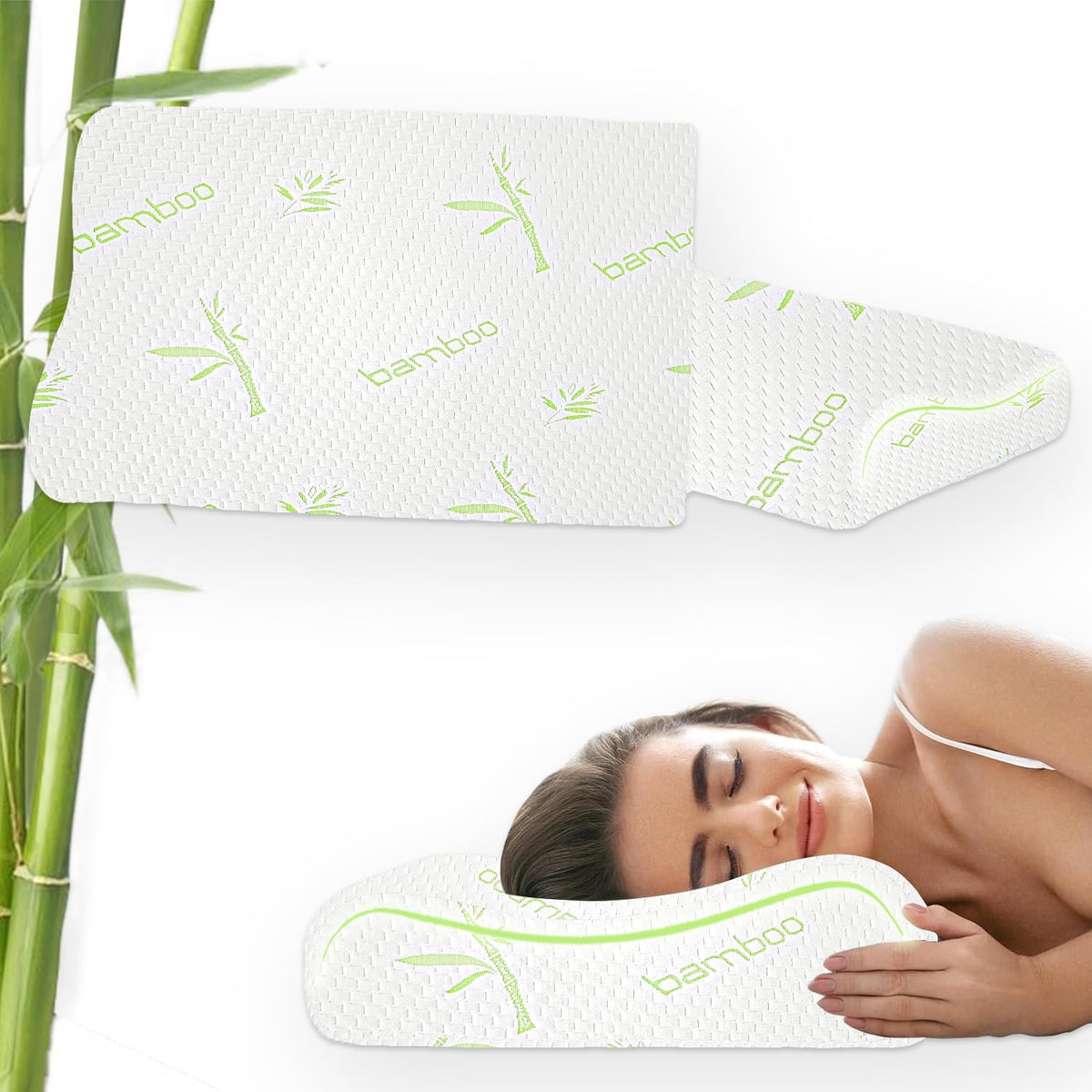 Bamboo Cervical Memory Foam Pillow For Neck & Shoulder Pain Relief, White | Orthopedic Contour Pillow For Sleeping & Spinal Alignment | Ergonomic Support, Removable Cover - Set Of 2