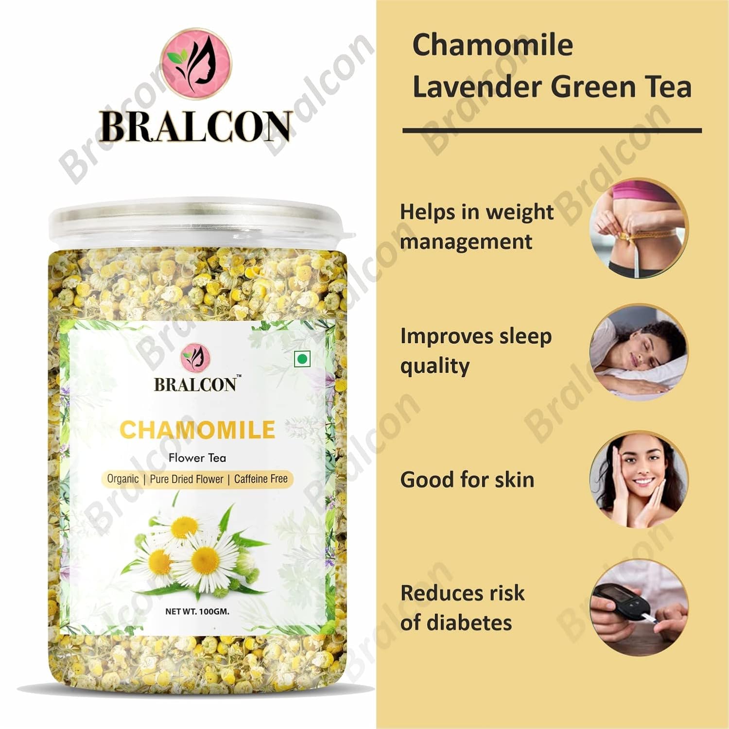 Bralcon Organic Chamomile Flower Tea - 100gm, 3.5 Ounce | Improves Sleep, Reduce Anxiety - Pure Dried Flower Detox Tea | Caffeine Free