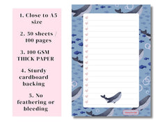A5 Notes/To Do List Notepad, Beautiful Checklist Pad, Tear-Off Sheets (Whale) Pack Of 1