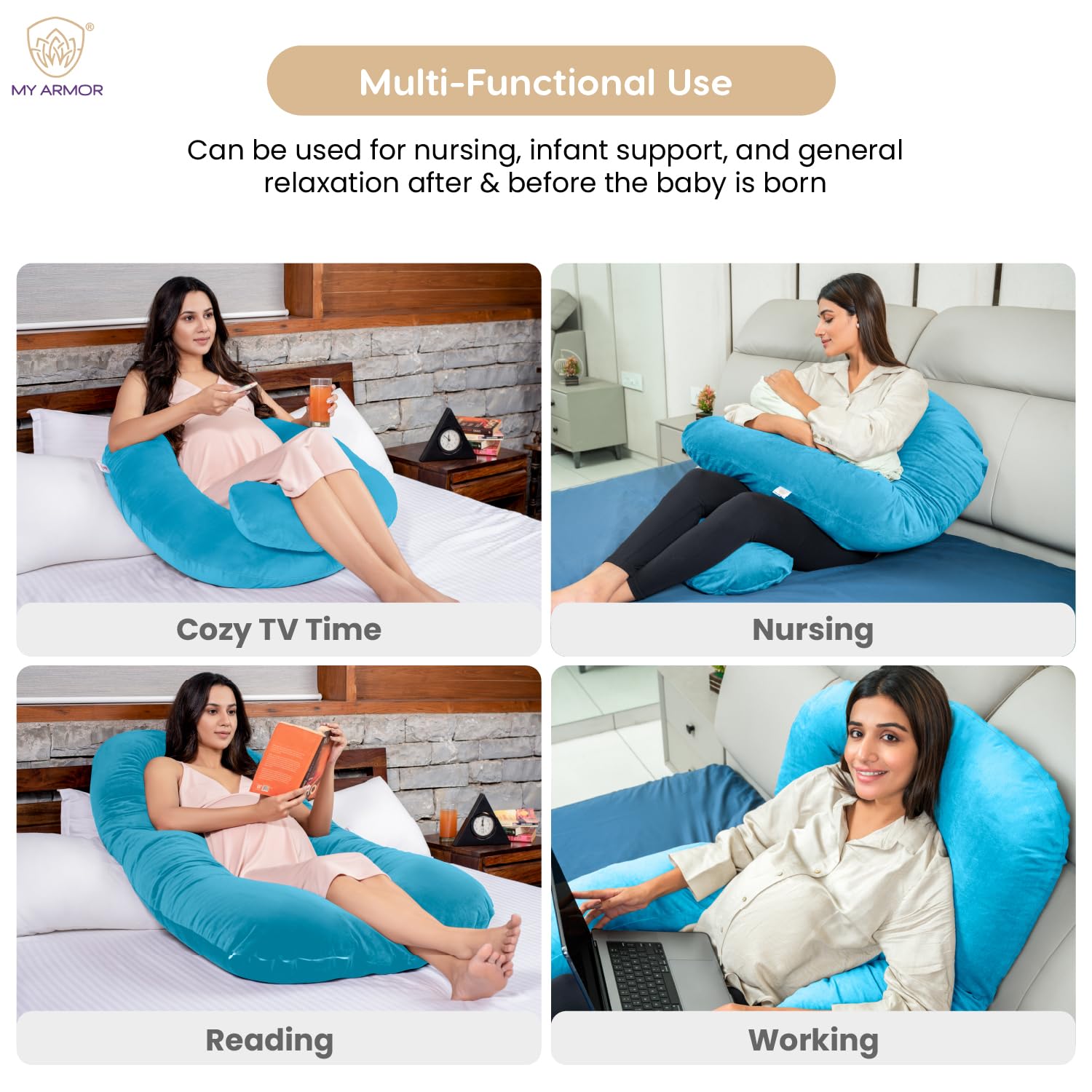 Full Body U Shape Pregnancy Pillow For Women, Maternity Pillow, Sky Blue | Pillow Gift For Pregnancy Sleeping, Premium Velvet Cover With Zip | Adjustable & Washable, Relieves Pain