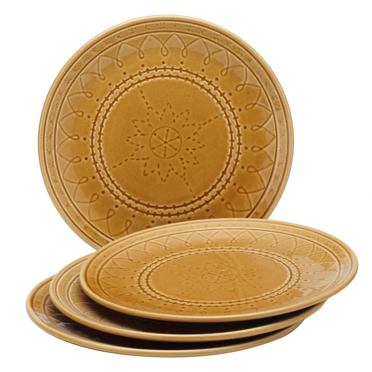 Ceramic Hand Glazed Stoneware Embossed Large Dinner Plates Set Of 4 - 10.6 Inch, Golden Brown | Microwave Safe & Dishwasher Safe