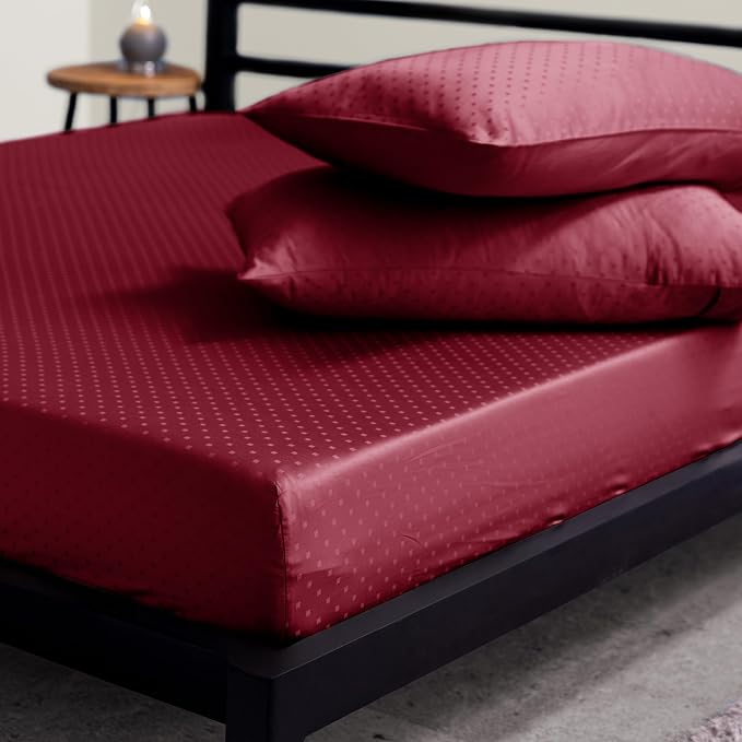 100% Cotton Sateen Weave Queen Size Fitted Sheet Set With 2 Pillow Covers - 60 X 80 Inches, Maroon | Premium Elastic Double Bedsheet