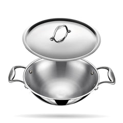 Artisan Triply Stainless Steel Round Bottom Kadhai With Lid 1.8 Liters, 20cm | Extra Deep Kadai