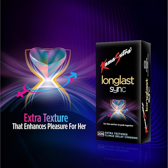 Kamasutra Longlast Sync Condom For Men | Multi Textured Dotted Ribbed Contoured | Combo Pack Of 20