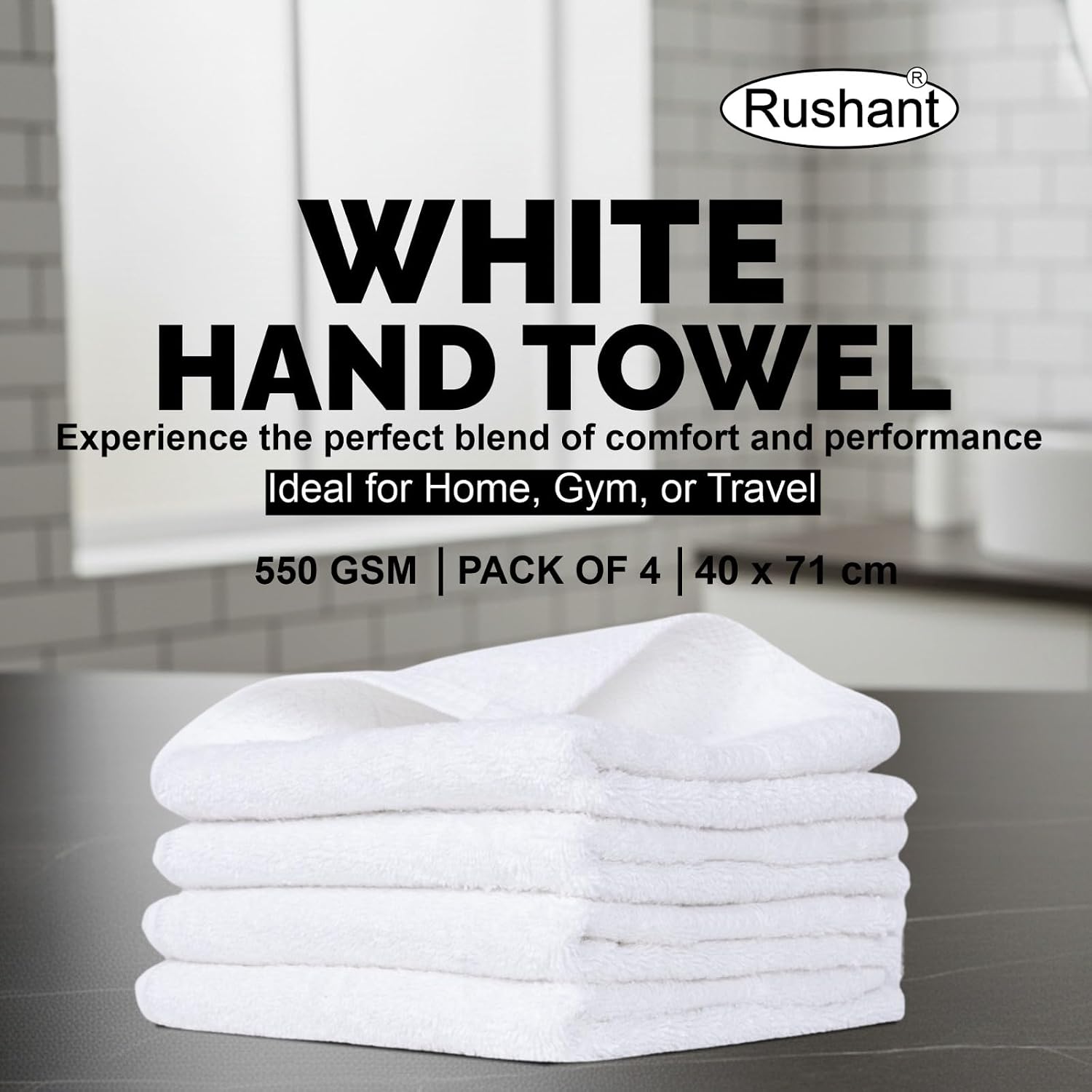 Rushant 100% Combed Cotton Hand Towels 600 Gsm | Ultra Soft, Quick Dry & Super Absorbent For Home, Gym & Travel (White) - Set Of 4