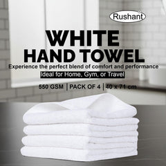 Rushant 100% Combed Cotton Hand Towels 600 Gsm | Ultra Soft, Quick Dry & Super Absorbent For Home, Gym & Travel (White) - Set Of 4