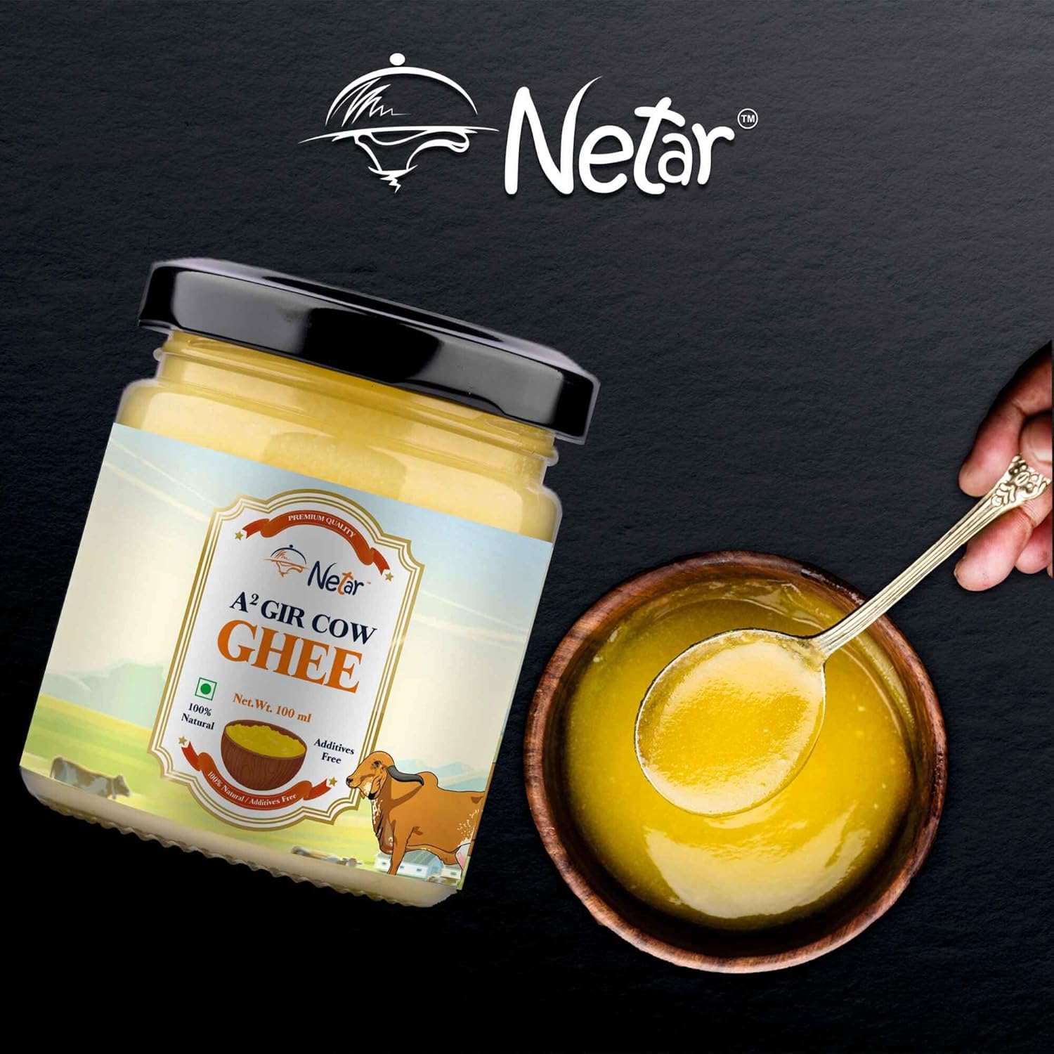 100% Natural A2 Gir Cow Ghee By Netar | Rich In Vitamins A, E Healthy Desi Ghee For Daily Cooking | (100ml) 3.3 Ounce | Jar Pack
